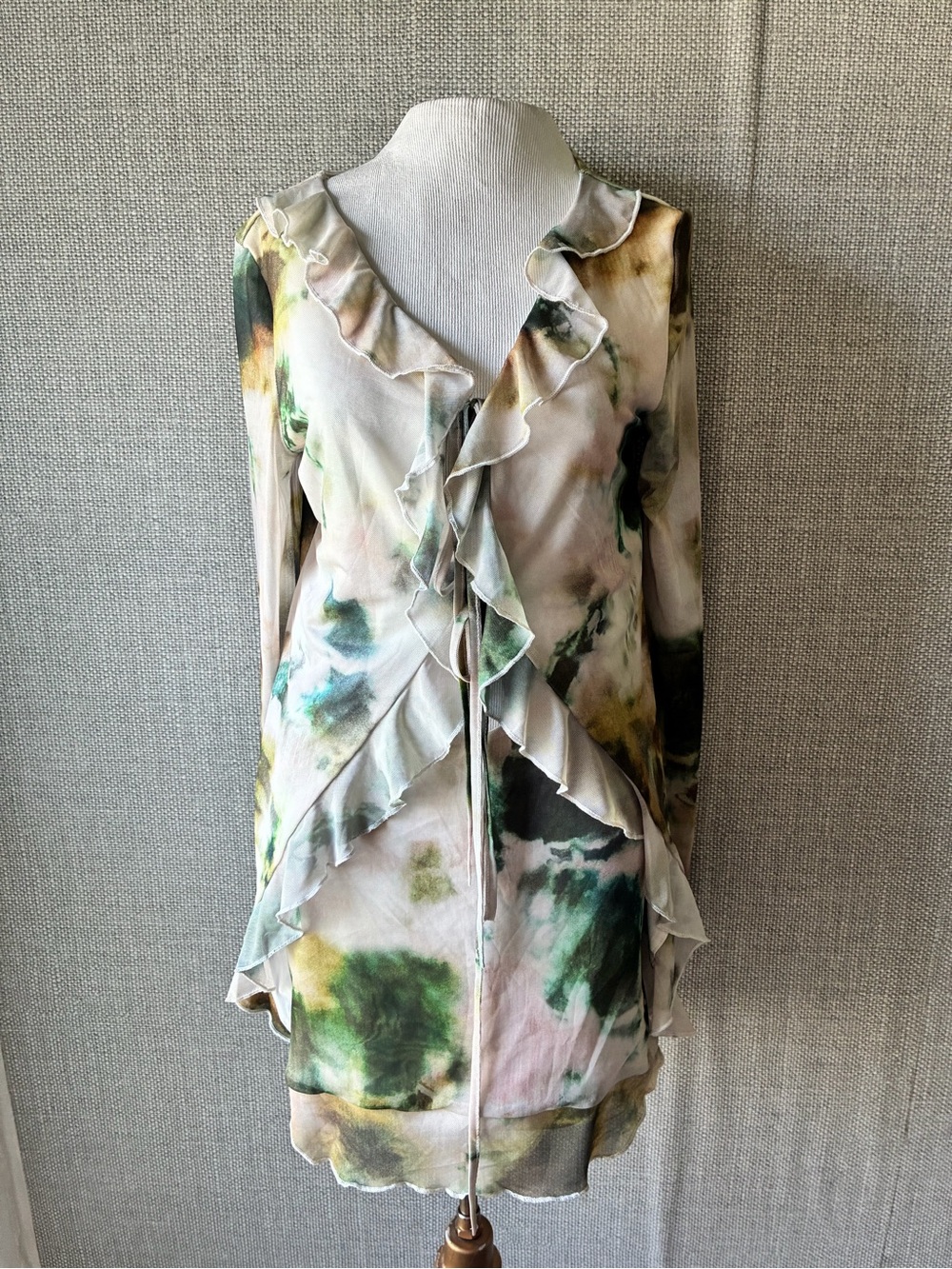 Women's Ruffle Front Floral Watercolor Dress - Green/Neutral